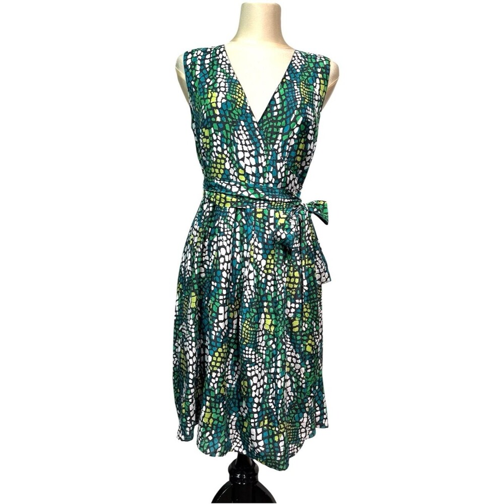 Alfani Petite Silk Cotton Wrap Dress 10P Green Blue Mosaic V-Neck